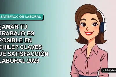 Ilustración plana corporativa de una mujer chilena trabajando remotamente con una sonrisa, sobre un fondo degradado azul verdoso. Estilo vectorial moderno.