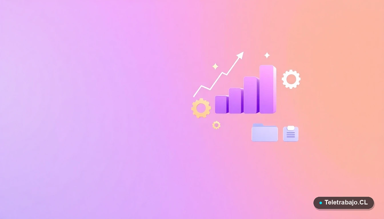 Composición abstracta de elementos de tecnología moderna con gráficos, engranajes y carpetas flotantes, en colores lavanda y durazno, sobre un fondo degradado. Ilustración vectorial plana.