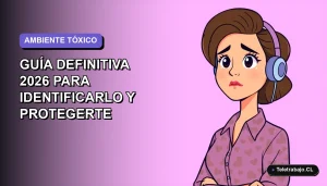 Ilustración vectorial plana de una trabajadora de tecnología en Chile con expresión preocupada, sobre fondo degradado lavanda, representando un ambiente laboral tóxico.