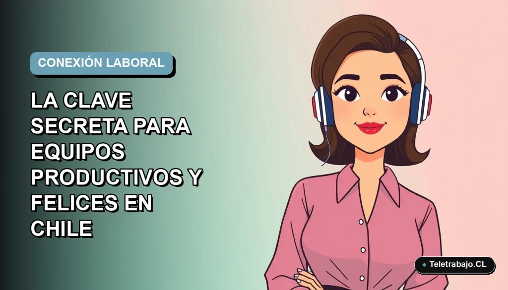 Ilustración plana corporativa de una mujer chilena trabajando remotamente con una sonrisa, sobre un fondo degradado azul y gris claro.