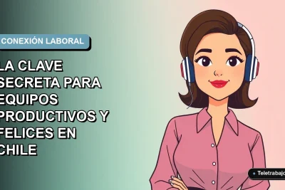 Ilustración plana corporativa de una mujer chilena trabajando remotamente con una sonrisa, sobre un fondo degradado azul y gris claro.