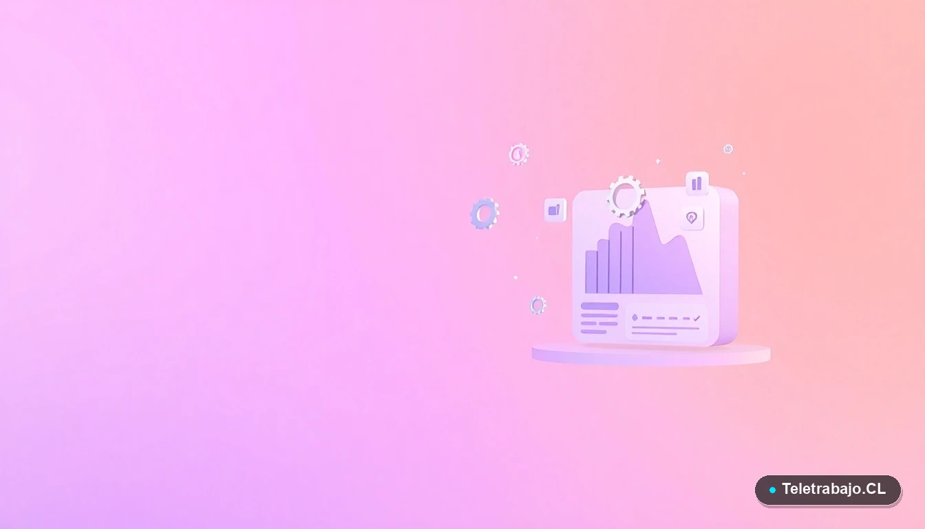Elementos abstractos de interfaz de usuario tecnológica con gráficos y engranajes flotantes, sobre un fondo degradado lila, concepto de productividad y datos.