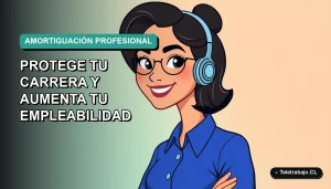 Ilustración vectorial plana de una mujer profesional chilena sonriente, con blusa azul y corte de pelo moderno, sobre fondo degradado suave verde azulado. Concepto de empleabilidad y protección de carrera para 2026.