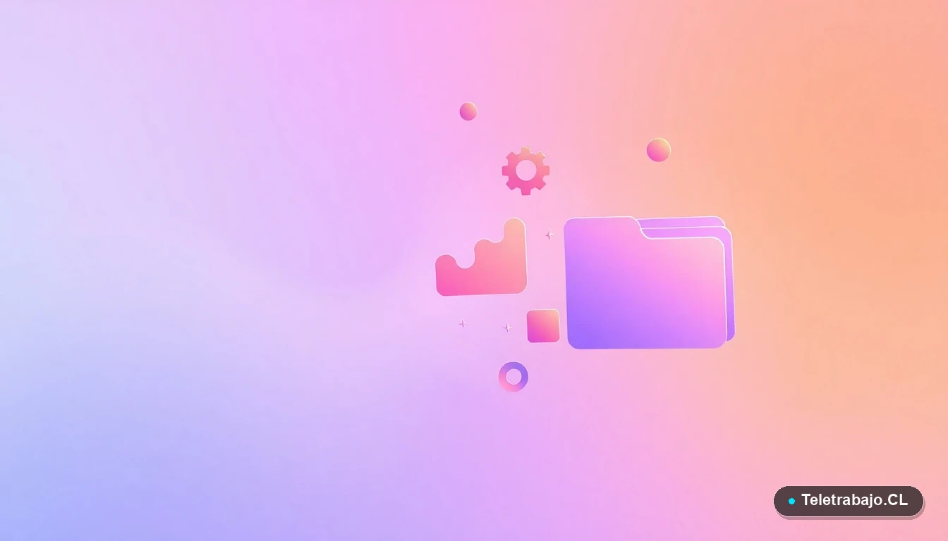 Composición abstracta de interfaz de usuario tecnológica con gráficos flotantes, un engranaje y carpetas estilizadas en colores lavanda y durazno, sobre fondo degradado. Representa habilidades digitales y adaptabilidad profesional para Chile 2026.