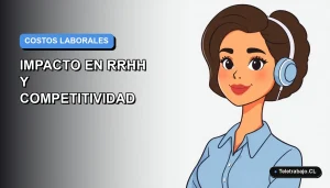 Ilustración vectorial plana de trabajadora remota chilena con blusa azul, sobre fondo degradado suave azul y gris, para artículo sobre análisis de costos laborales y competitividad 2026.