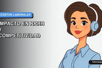 Ilustración vectorial plana de trabajadora remota chilena con blusa azul, sobre fondo degradado suave azul y gris, para artículo sobre análisis de costos laborales y competitividad 2026.