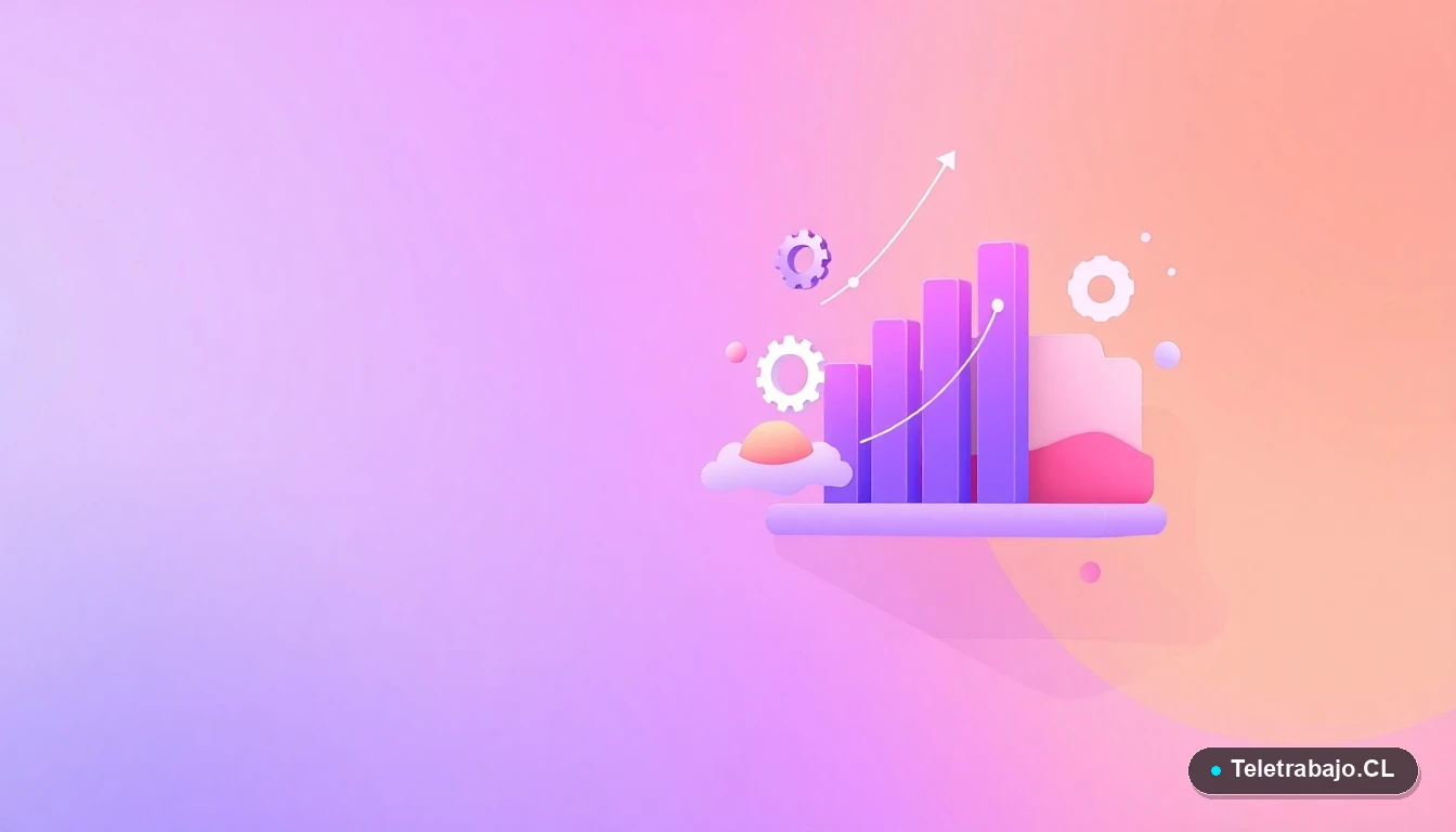 Composición abstracta de interfaz de usuario con gráficos flotantes, engranajes y carpetas en tonos lavanda y durazno, sobre fondo degradado, representando datos y tecnología para análisis de costos.