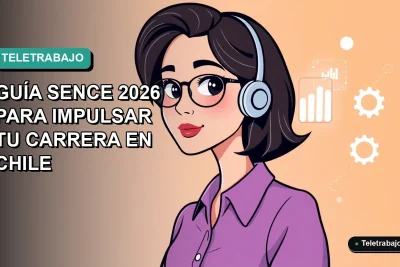 Ilustración plana corporativa de mujer profesional trabajando de forma remota con gráficos de datos, sobre fondo degradado azul verdoso, concepto de capacitación SENCE.