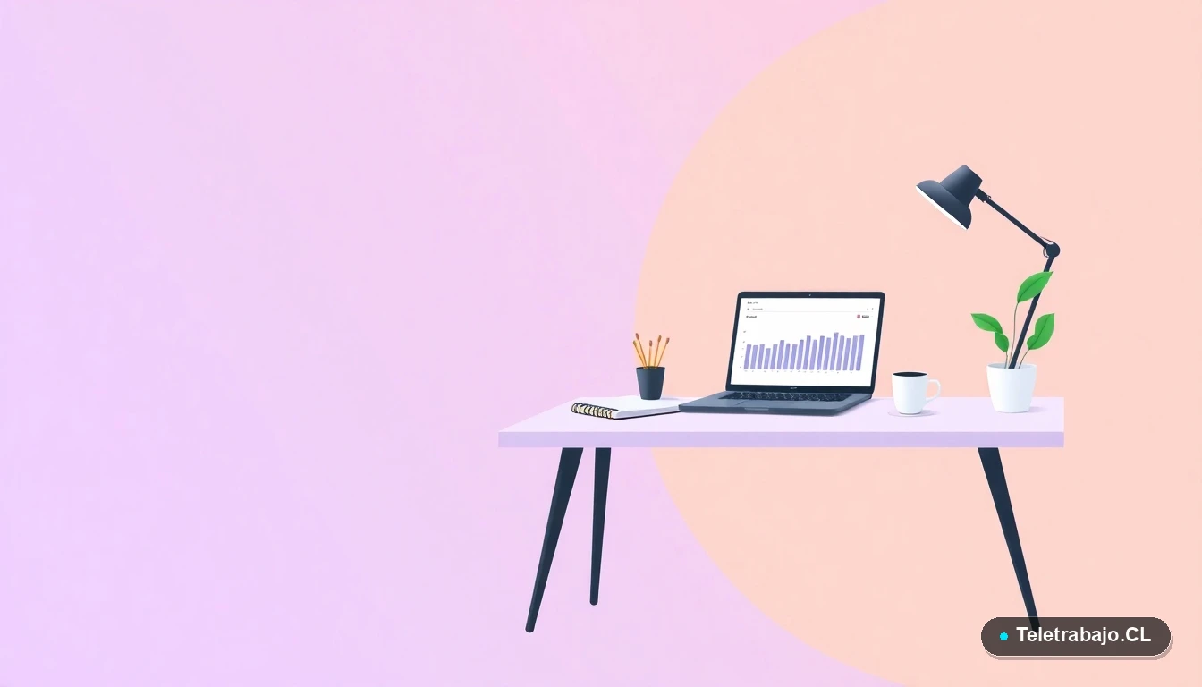 Escritorio moderno minimalista para teletrabajo con laptop mostrando gráficos, planta y café, sobre fondo degradado lavanda y durazno, concepto de productividad y análisis.