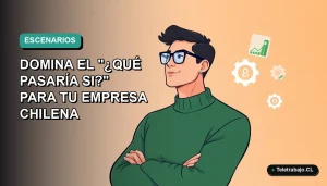 Ilustración plana corporativa de un trabajador chileno analizando escenarios "qué pasaría si" en Excel, con gráficos flotantes, sobre un fondo degradado verde azulado.