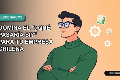 Ilustración plana corporativa de un trabajador chileno analizando escenarios "qué pasaría si" en Excel, con gráficos flotantes, sobre un fondo degradado verde azulado.