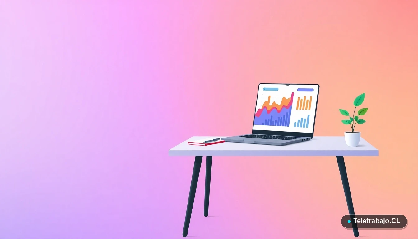 Escritorio moderno vacío con laptop mostrando gráficos de Excel y una planta, ilustración plana para artículo sobre análisis de escenarios empresariales.