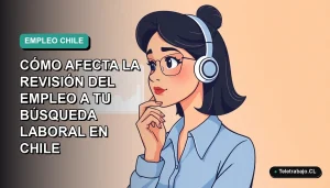 Ilustración vectorial plana de una mujer profesional chilena con blusa azul, mirando datos en una pantalla flotante, sobre fondo degradado verde azulado.