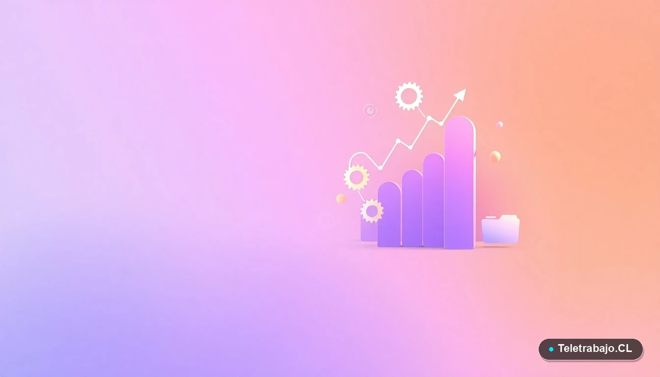 Composición abstracta de interfaz de usuario con gráficos, engranajes y carpetas flotantes en colores lavanda y durazno, sobre fondo degradado.