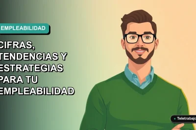 Ilustración vectorial plana de un trabajador remoto masculino con suéter verde, sobre fondo degradado azul verdoso, representando el análisis del mercado laboral chileno.