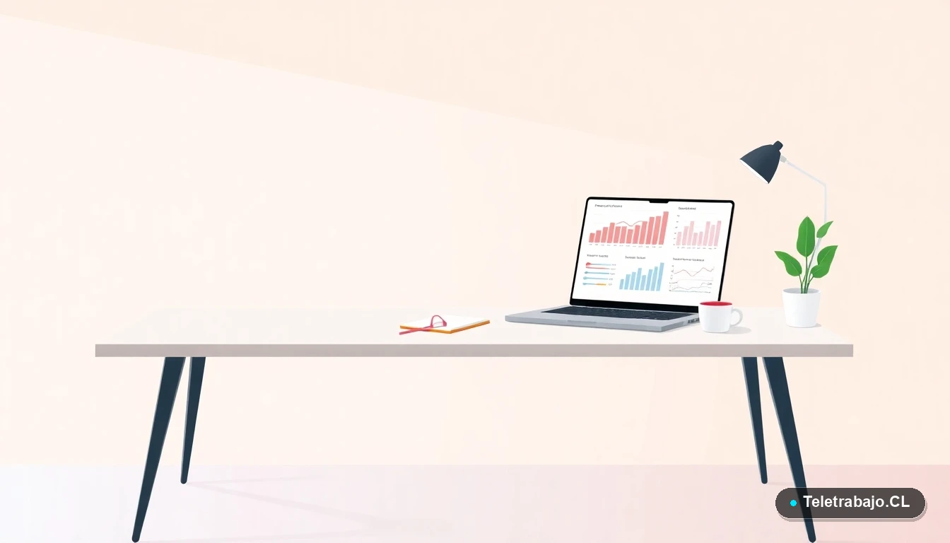 Escritorio moderno minimalista con laptop, taza de café y planta, sobre fondo degradado azul grisáceo, concepto de espacio de trabajo remoto y análisis de datos.