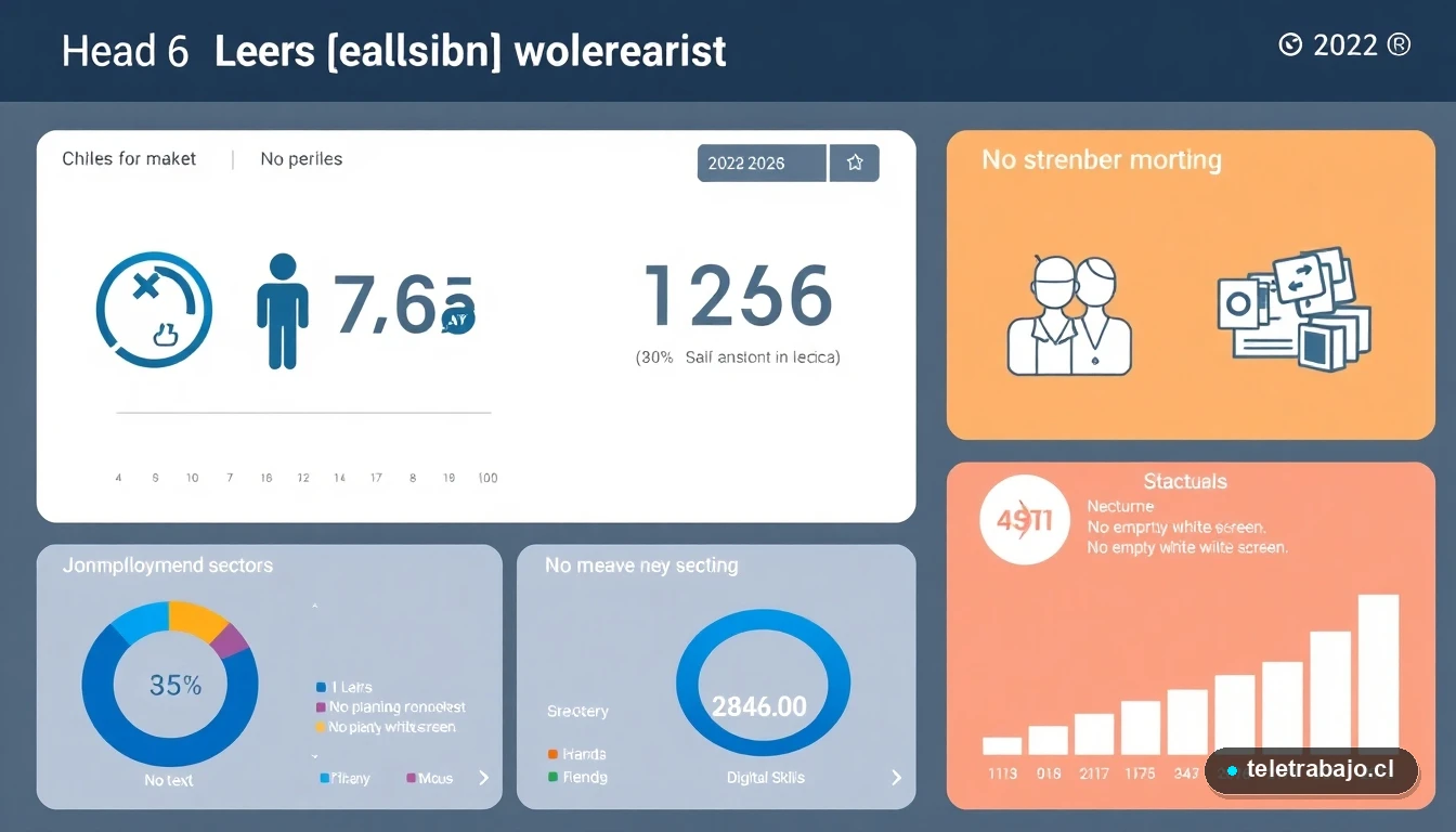 Infografía con estadísticas clave del mercado laboral chileno 2026: tasa de desempleo, sectores en crecimiento y habilidades digitales.