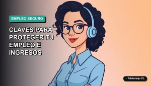 Ilustración plana de mujer profesional chilena con blusa azul y lentes, sobre fondo degradado verde azulado, representando análisis del mercado laboral futuro.