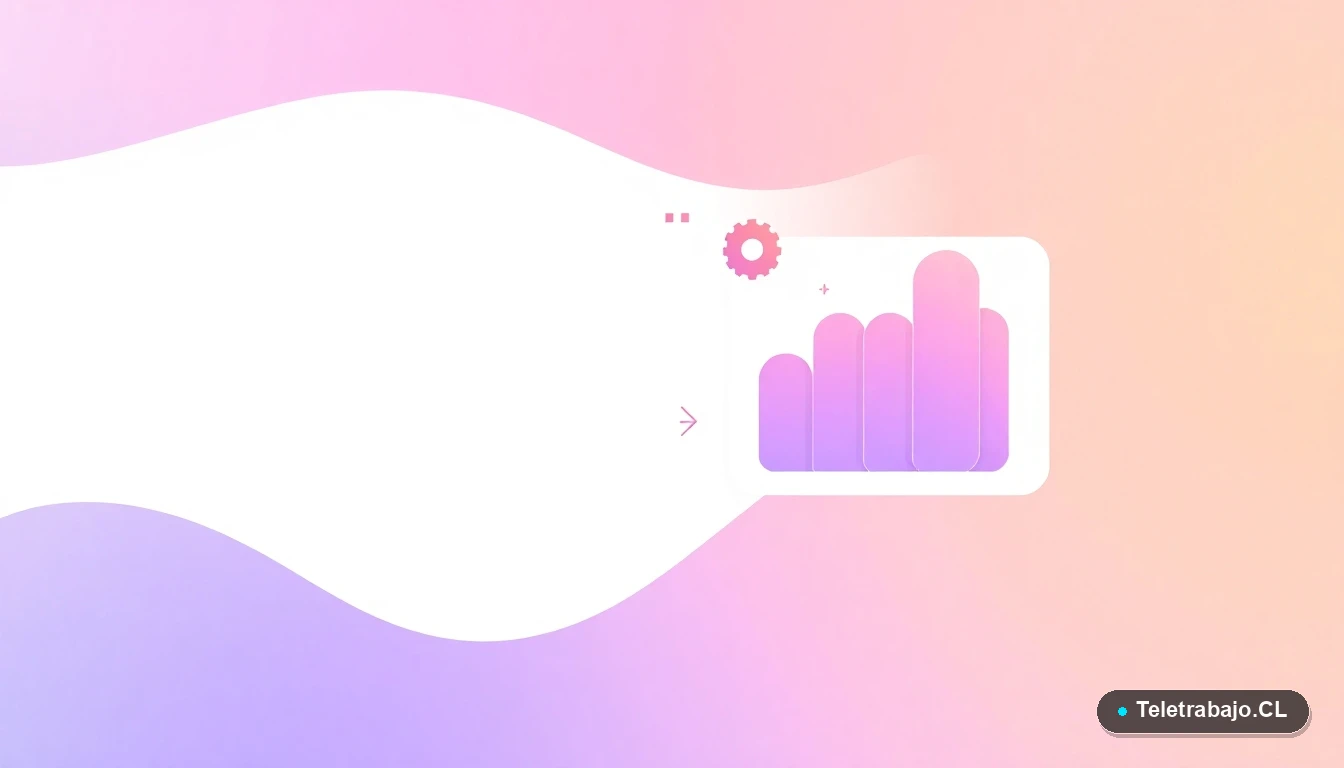 Composición abstracta de interfaz de usuario con gráficos, engranajes y carpetas flotantes en tonos lavanda y durazno, sobre fondo degradado, simbolizando datos y tecnología del futuro laboral.