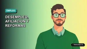 Ilustración vectorial plana de un trabajador remoto masculino con suéter verde, sobre un fondo degradado azul verdoso. Análisis del mercado laboral.