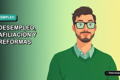 Ilustración vectorial plana de un trabajador remoto masculino con suéter verde, sobre un fondo degradado azul verdoso. Análisis del mercado laboral.