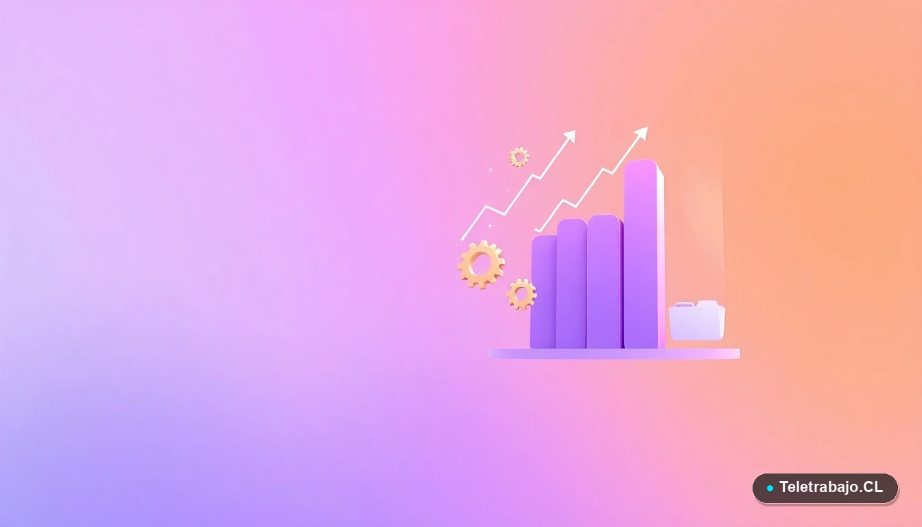 Composición abstracta de interfaz de usuario con gráficos flotantes y engranajes estilizados, sobre un fondo degradado lavanda. Concepto de datos y tecnología del mercado laboral.