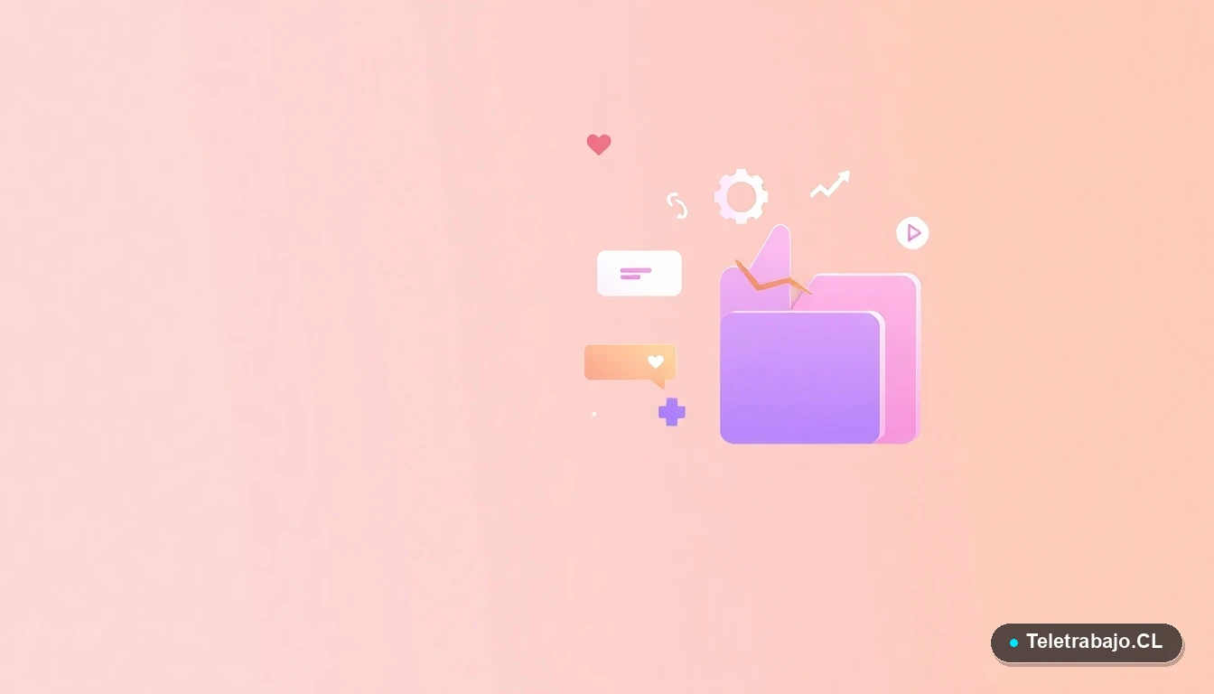 Composición abstracta de interfaz de usuario tecnológica con gráficos y engranajes flotantes en colores lavanda y durazno, representando crecimiento y datos del mercado laboral chileno.