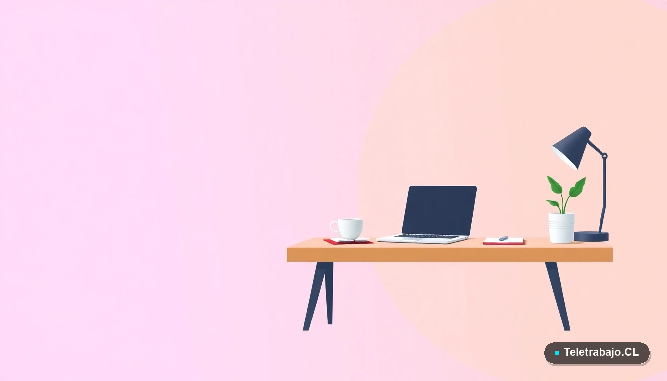 Escritorio moderno minimalista con laptop, cuaderno, taza de café y planta suculenta, en estilo de ilustración vectorial plana, sobre fondo degradado lila y durazno.