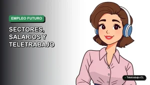 Ilustración vectorial plana de mujer profesional chilena trabajando remotamente, análisis de mercado laboral y teletrabajo en Chile para el año 2026, fondo degradado verde.