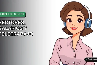 Ilustración vectorial plana de mujer profesional chilena trabajando remotamente, análisis de mercado laboral y teletrabajo en Chile para el año 2026, fondo degradado verde.