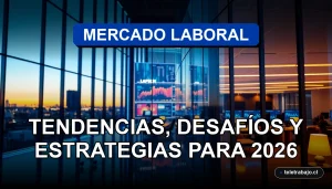 Análisis del mercado laboral chileno con gráficos abstractos de colores en una pantalla de laptop, tendencias para 2026.