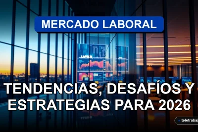 Análisis del mercado laboral chileno con gráficos abstractos de colores en una pantalla de laptop, tendencias para 2026.