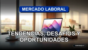 Análisis del mercado laboral chileno 2026 con gráficos abstractos en una pantalla de oficina moderna.