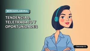 Ilustración vectorial plana de mujer profesional chilena con blusa azul y corte bob, representando el análisis del mercado laboral y teletrabajo para 2026, sobre fondo degradado suave.