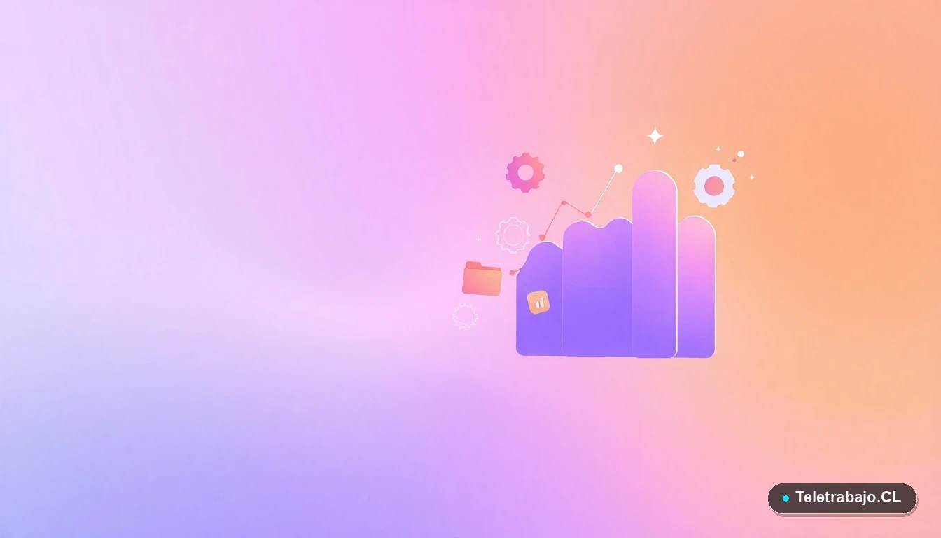 Composición abstracta de interfaz de usuario con gráficos flotantes, engranajes y carpetas, representando datos y tecnología para el análisis del mercado laboral futuro.