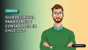 Ilustración vectorial plana de un trabajador remoto masculino con suéter verde analizando gráficos financieros en una laptop, sobre fondo degradado azul verdoso. Espacio negativo a la izquierda.