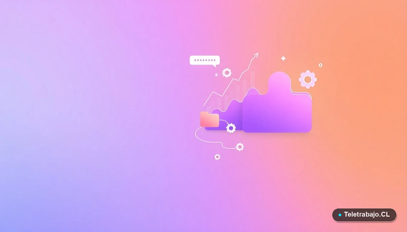 Composición abstracta de interfaz de usuario con gráficos flotantes, engranajes y carpetas minimalistas sobre fondo degradado lila.