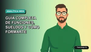 Ilustración vectorial plana de un trabajador remoto masculino, estilo Corporate Memphis, con suéter verde y camisa, sobre fondo degradado azul verdoso. Representa al analista web moderno en Chile.