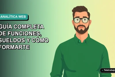 Ilustración vectorial plana de un trabajador remoto masculino, estilo Corporate Memphis, con suéter verde y camisa, sobre fondo degradado azul verdoso. Representa al analista web moderno en Chile.