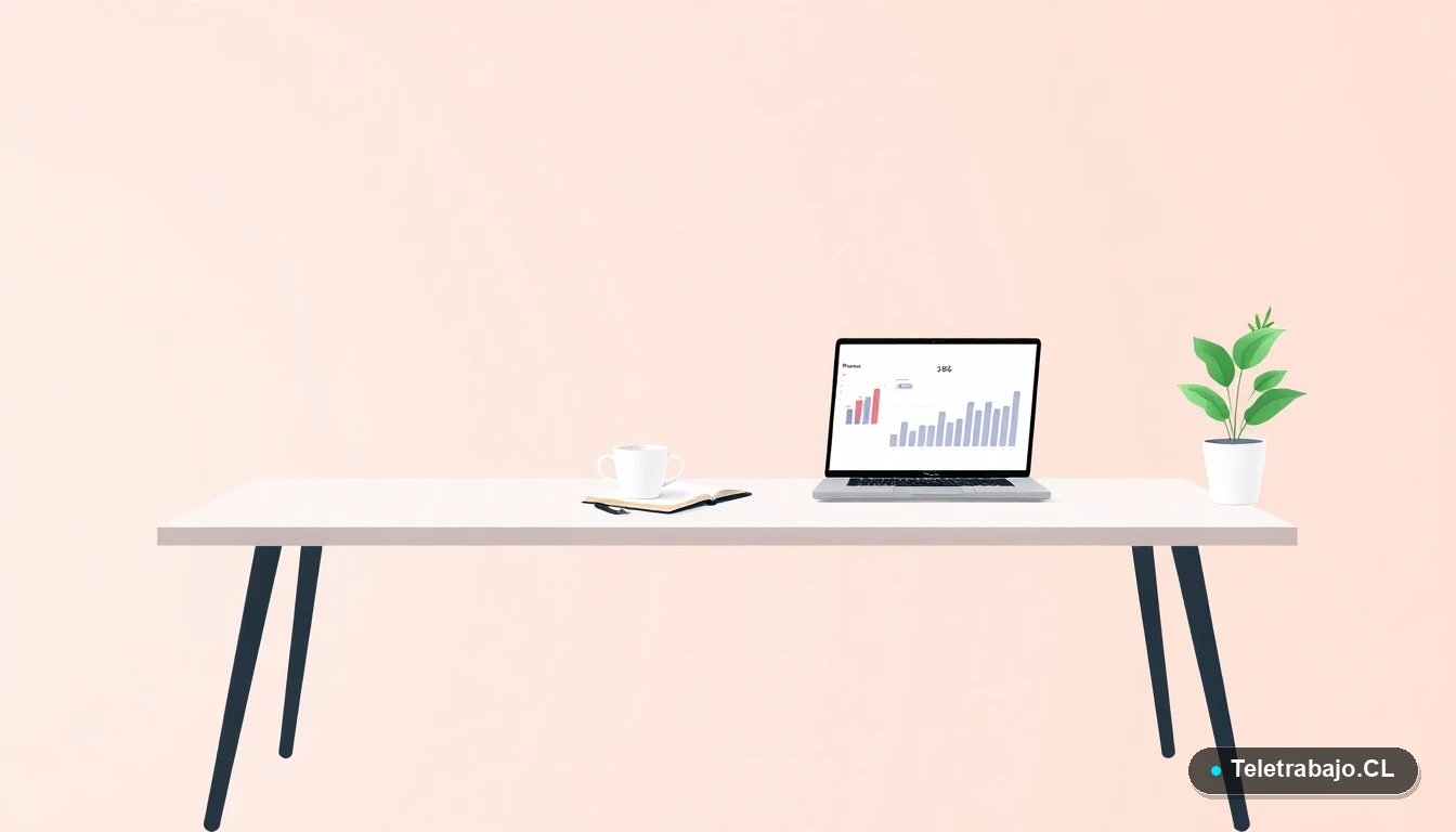 Escritorio moderno minimalista con laptop, gráficos de datos, taza de café y planta, en estilo ilustración vectorial plana. Fondo degradado lavanda y durazno, representando el espacio de trabajo del analista web.