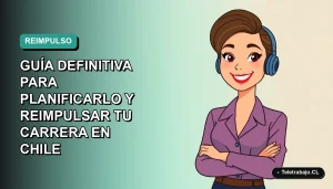 Ilustración plana vectorial de mujer profesional chilena sonriendo, con fondo degradado azul verdoso, para guía de año sabático 2026.