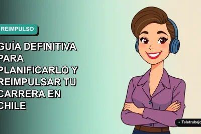 Ilustración plana vectorial de mujer profesional chilena sonriendo, con fondo degradado azul verdoso, para guía de año sabático 2026.