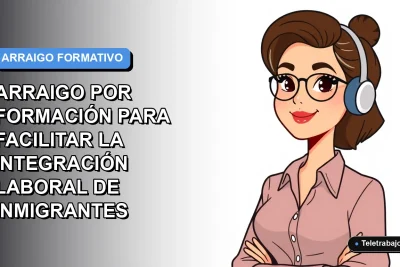 Ilustración plana corporativa de mujer profesional inmigrante trabajando en tecnología, fondo degradado azul y blanco.