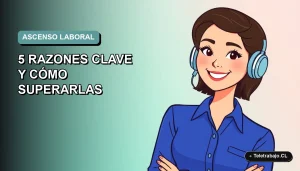 Ilustración plana corporativa de una trabajadora remota sonriente con blusa azul, sobre fondo degradado suave teal, concepto de crecimiento profesional.