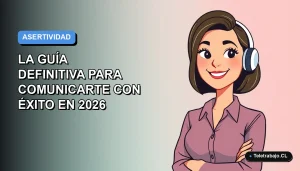Ilustración vectorial plana de una mujer profesional chilena con expresión asertiva, fondo degradado azul y gris, concepto de comunicación laboral efectiva.