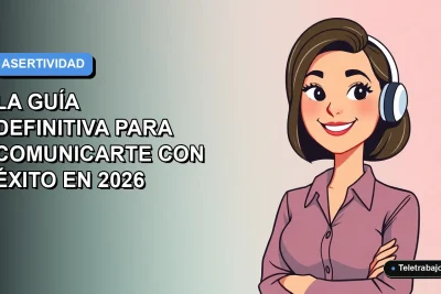 Ilustración vectorial plana de una mujer profesional chilena con expresión asertiva, fondo degradado azul y gris, concepto de comunicación laboral efectiva.