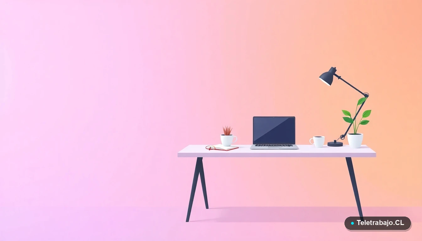 Escritorio moderno minimalista con laptop, cuaderno y taza de café, ilustración vectorial plana con fondo degradado lila, concepto de espacio de trabajo organizado.