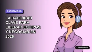 Ilustración vectorial plana de una mujer profesional chilena con expresión asertiva, sobre un fondo degradado lavanda y azul. Representa el liderazgo y la negociación en el entorno laboral moderno.