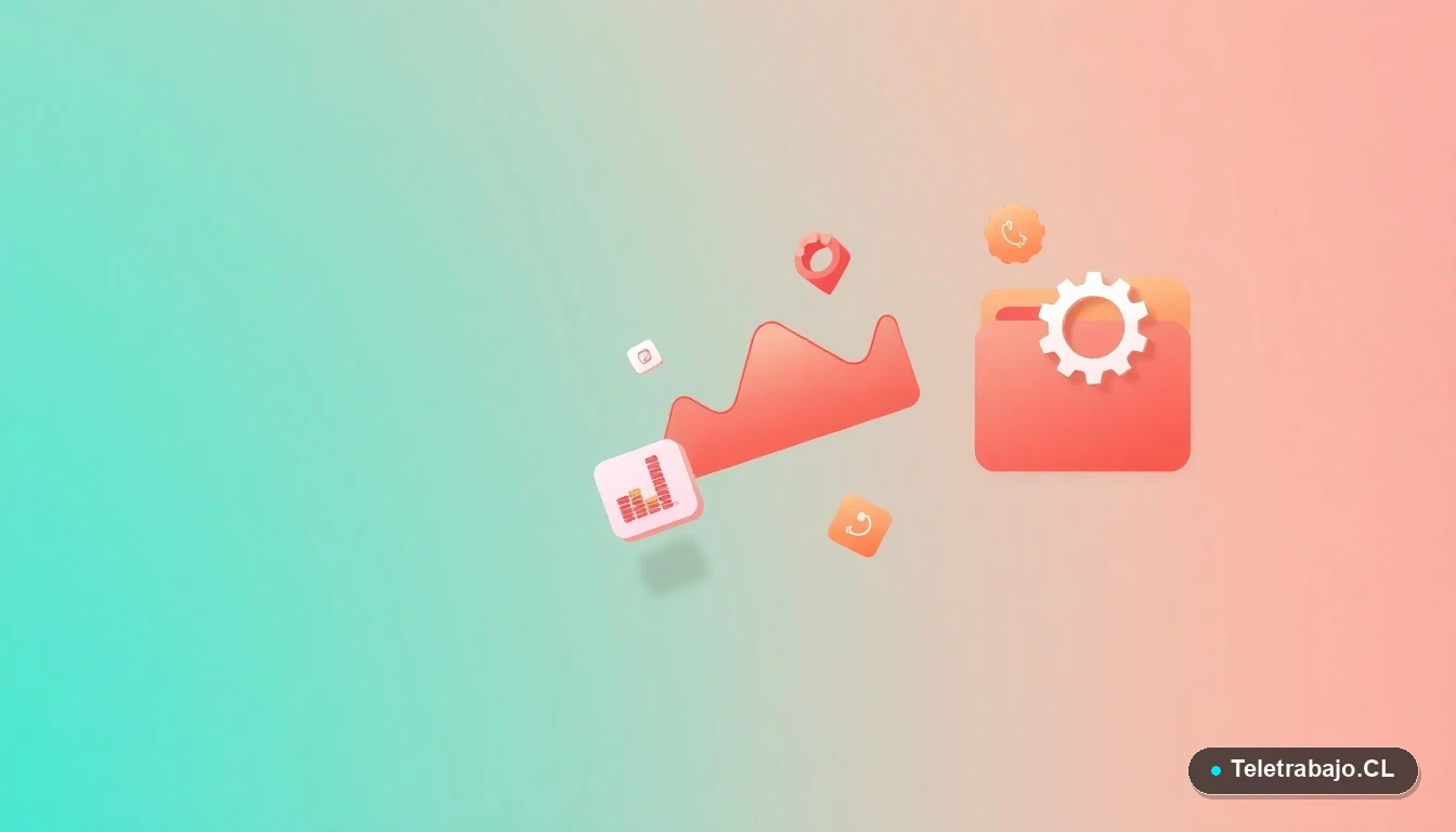 Composición abstracta de interfaz de usuario con gráficos flotantes y iconos de engranaje y carpetas, en colores vibrantes sobre fondo degradado, representando conceptos de tecnología y negociación.