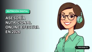 Mujer profesional feliz con asesoría nutricional virtual efectiva, ilustración plana corporativa estilo Memphis, fondo degradado suave.